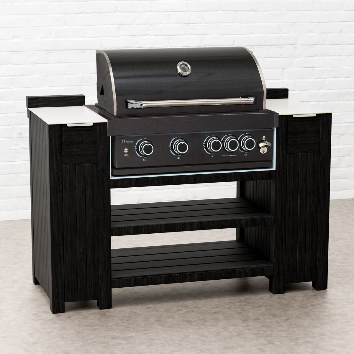Teak Carbon Line — Armário para Grelhador de 4 Queimadores em Aço Inoxidável Preto com Tampo em Cerâmica