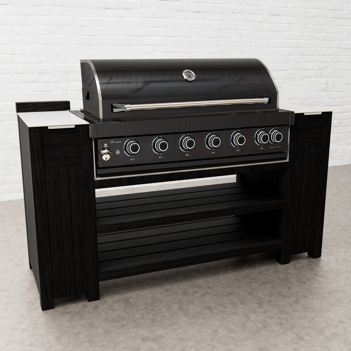 Teak Carbon Line — Armário para Grelhador de 6 Queimadores em Aço Inoxidável Preto com Tampo em Cerâmica