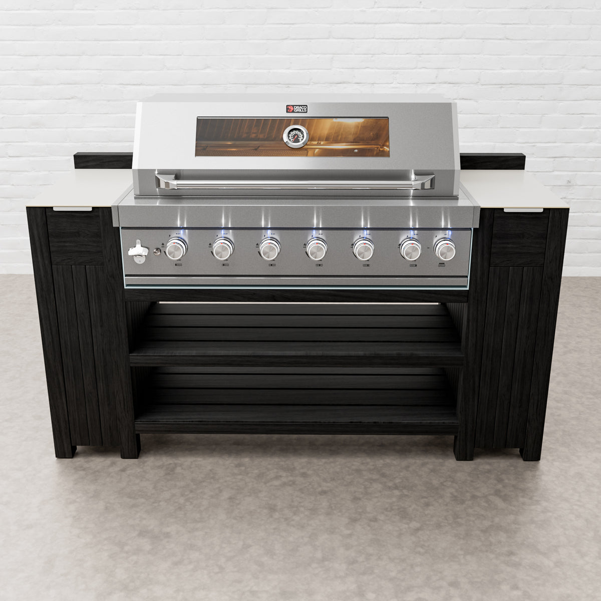 Teak Carbon Line — Armário para Grelhador de 6 Queimadores em Aço Inoxidável com Tampo em Cerâmica