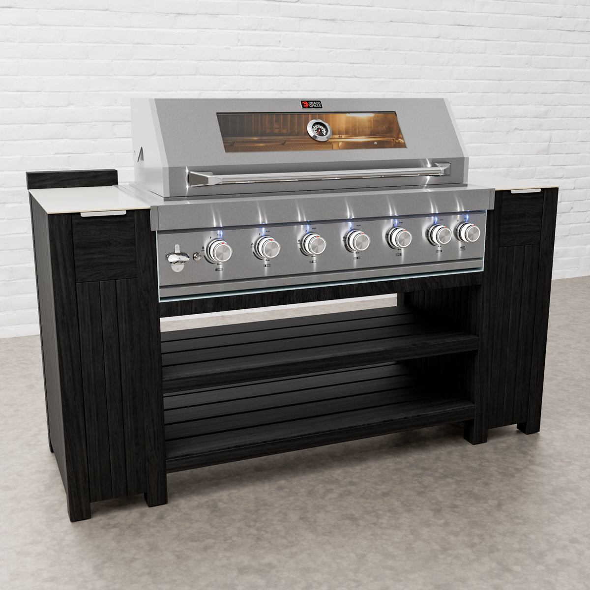 Teak Carbon Line — Armário para Grelhador de 6 Queimadores em Aço Inoxidável com Tampo em Cerâmica