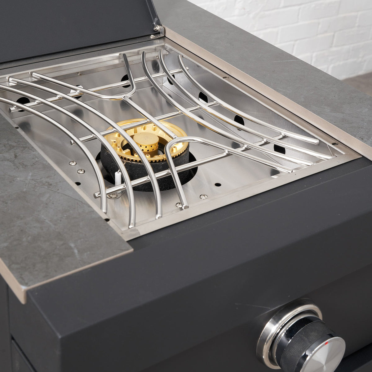 Fusion — Queimador Lateral Preto com Tampo em Pedra Sinterizada para Cozinha de Exterior