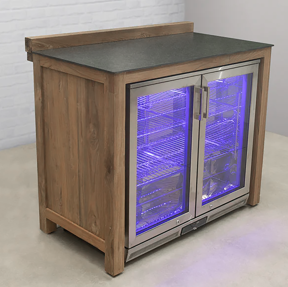 Cozinha de Exterior Modular em Teca — Armário de Frigorífico Duplo com Tampo em Cerâmica