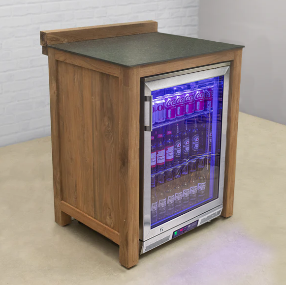 Cozinha de Exterior Modular em Teca — Armário de Frigorífico Simples com Tampo em Cerâmica