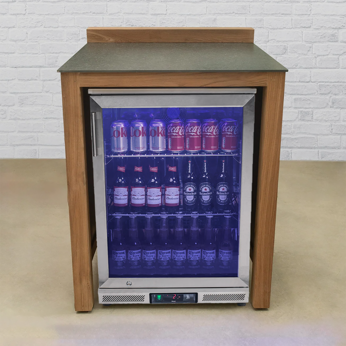 Cozinha de Exterior Modular em Teca — Armário de Frigorífico Simples com Tampo em Cerâmica